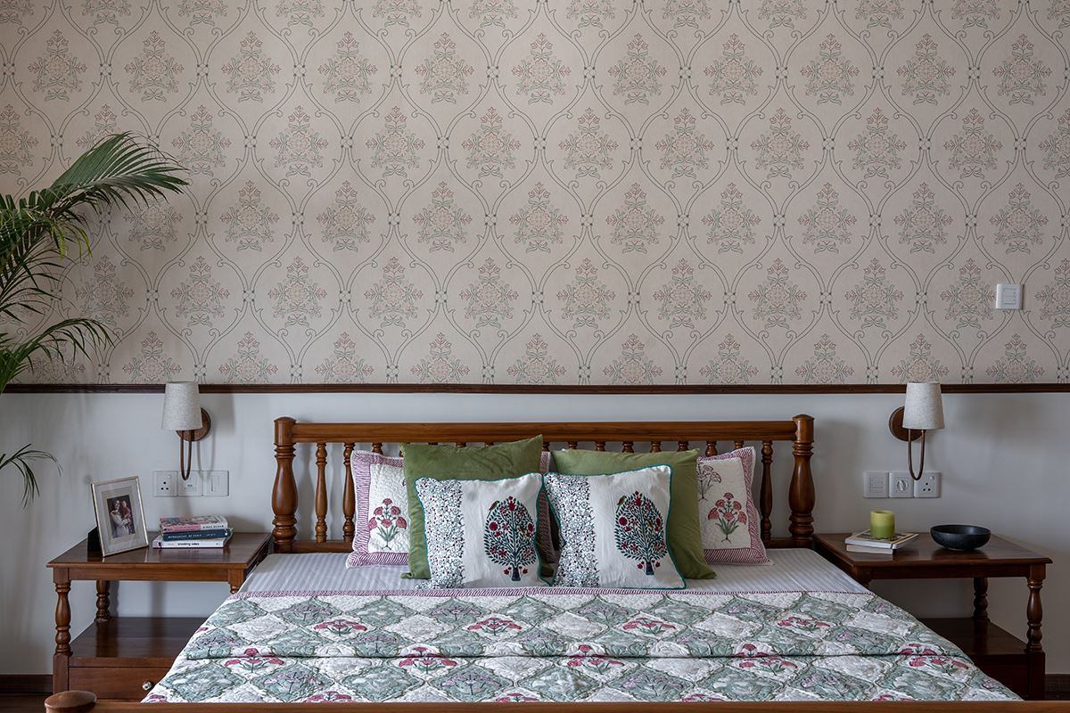 Sage green botanical diamond repeat wallpaper in master bedroom – The Wall Chronicles